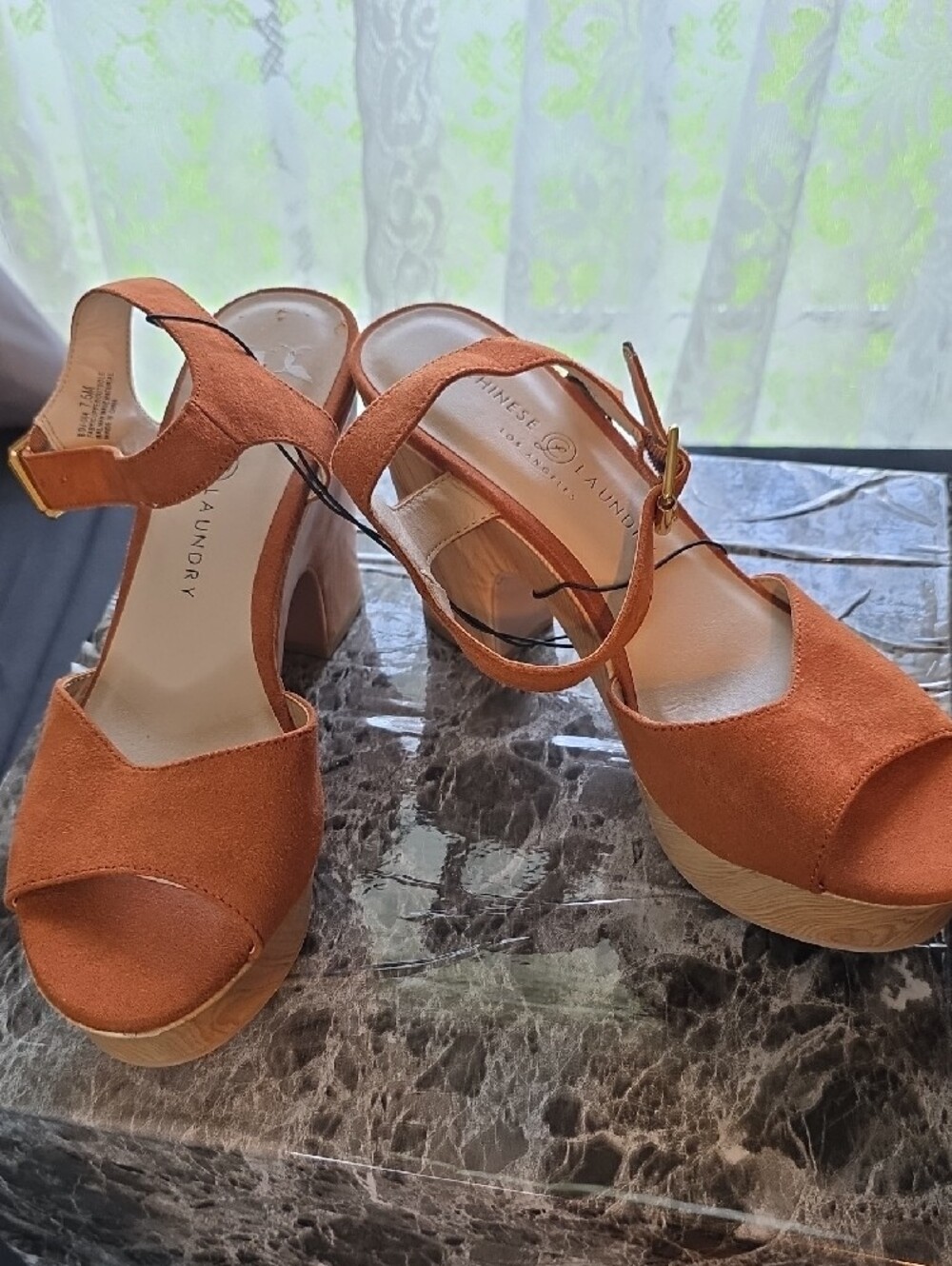 Chinese Laundry Rust Suede Platform Sandals with Gold Buckle  NWOT